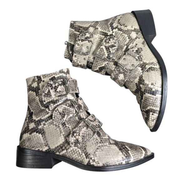 Steven by Steve Madden Harmon snakeskin buckle studded pointy toe booties 7 - Picture 1 of 9